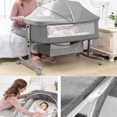 mit Rädern, Kinderbett mit Matratze, verstellbare Wiege, Seitenbett, mit Lagerkörbe, Moskitonetz, Klappbare tragbare Baby