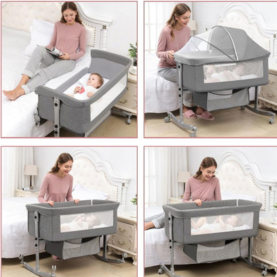 mit Rädern, Kinderbett mit Matratze, verstellbare Wiege, Seitenbett, mit Lagerkörbe, Moskitonetz, Klappbare tragbare Baby