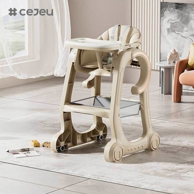 CJ-SH-S08 Baby-Hochstuhl Baby-Fütterstuhl für Babys und Kleinkinder mit verstellbarem Tablett, Schließrädern und PU-Kissen Waschbar