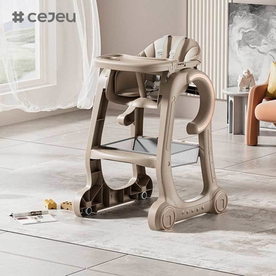 CJ-SH-S08 Baby-Hochstuhl Baby-Fütterstuhl für Babys und Kleinkinder mit verstellbarem Tablett, Schließrädern und PU-Kissen Waschbar